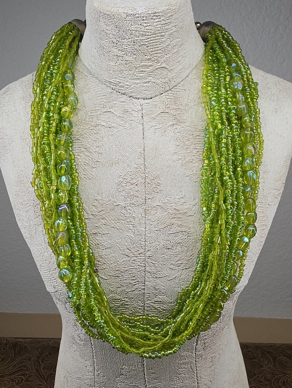 Vintage Multi-Strand Green Bead Silver Tone Necklace